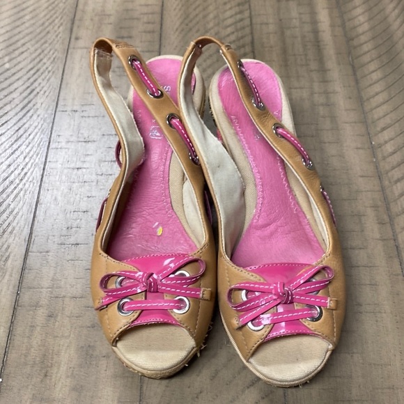 Sperry Floral Embroidered Wedge Sandals Tan Pink Nautical Espadrille 7.5 - Picture 3 of 9
